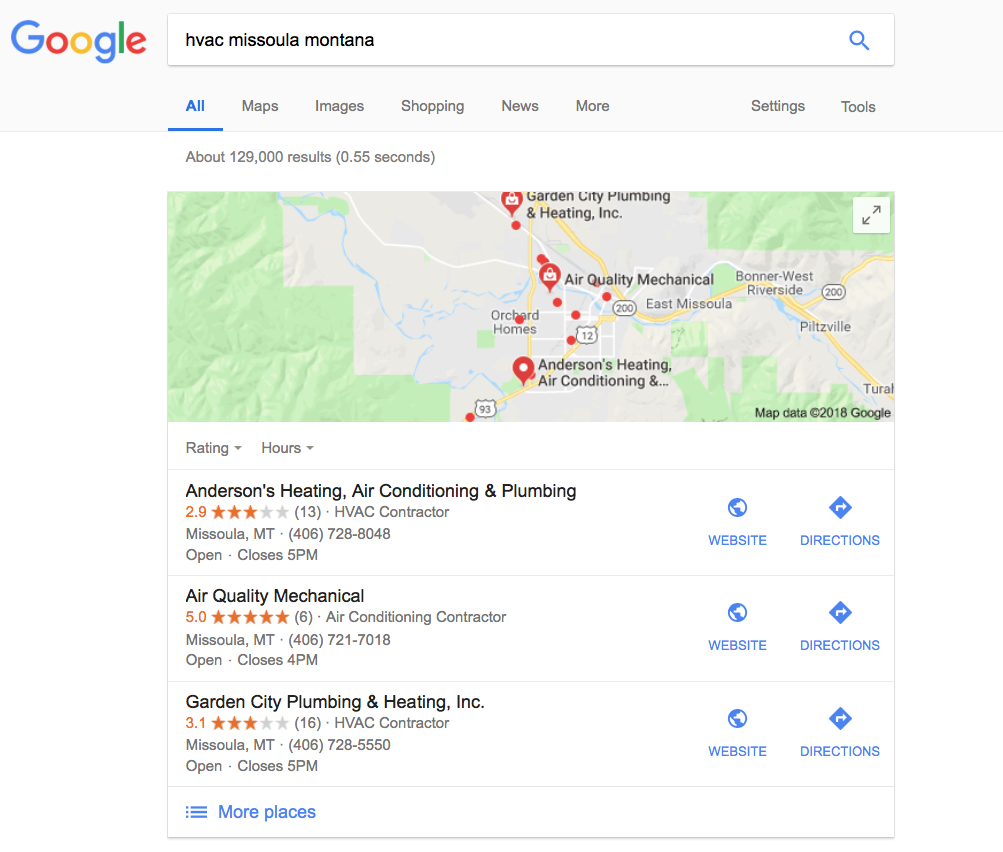 Google Local Search Results for HVAC Missoula Montana