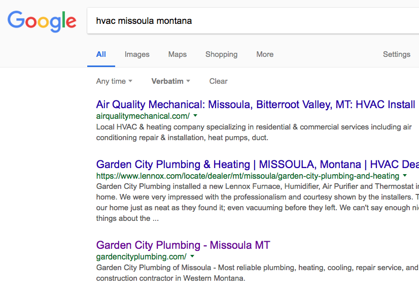 Google SERP for HVAC Missoula Montana